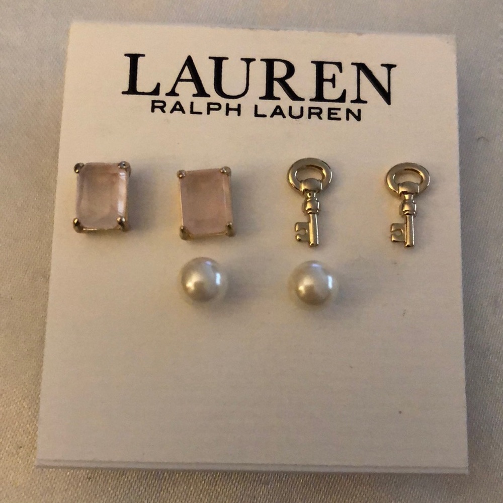 Lauren Ralph Lauren 3 Pair Stud Earring Set Key, Rose Quartz & Faux Pearl NWT